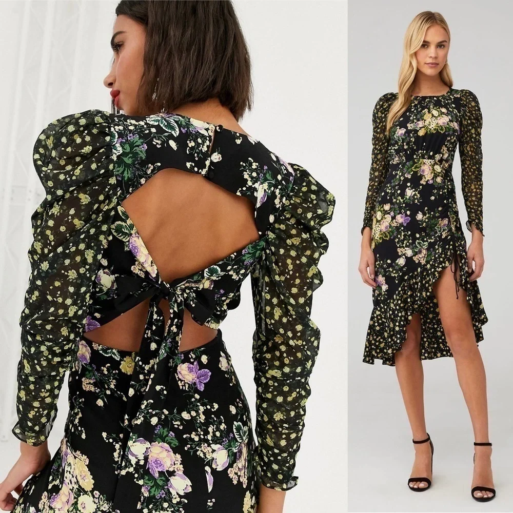 FOR LOVE & LEMONS Floral Long Sleeve Cutout Tie Back Ruched Ruffle Midi Dress XS